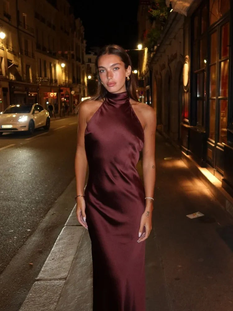 Ellari | spring summer Halter Satin Long Dress Women Tied Backless